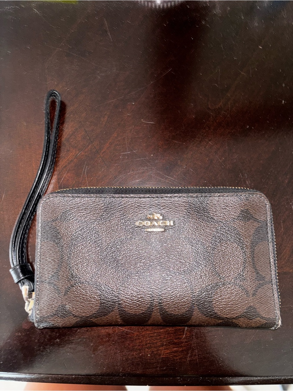 Coach walnut black Zip Wristlet with Black Strap